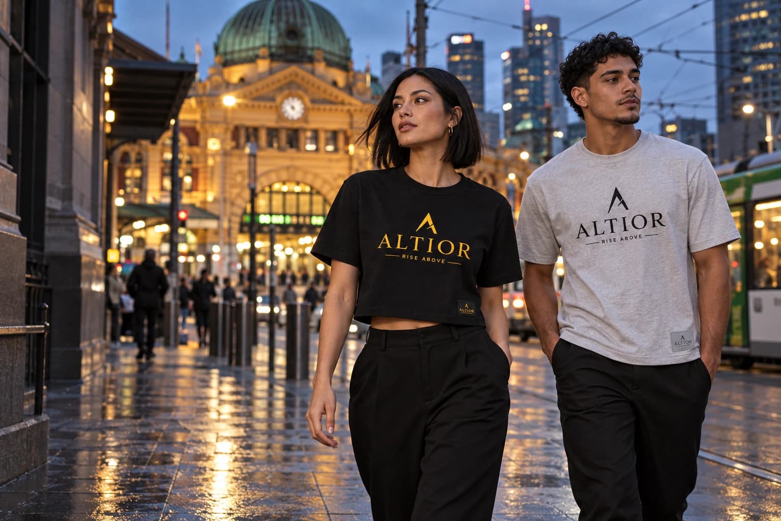 Generated editorial of two adult models wearing ALTIOR tees on a street inspired by Melbourne's Flinders Street Station.