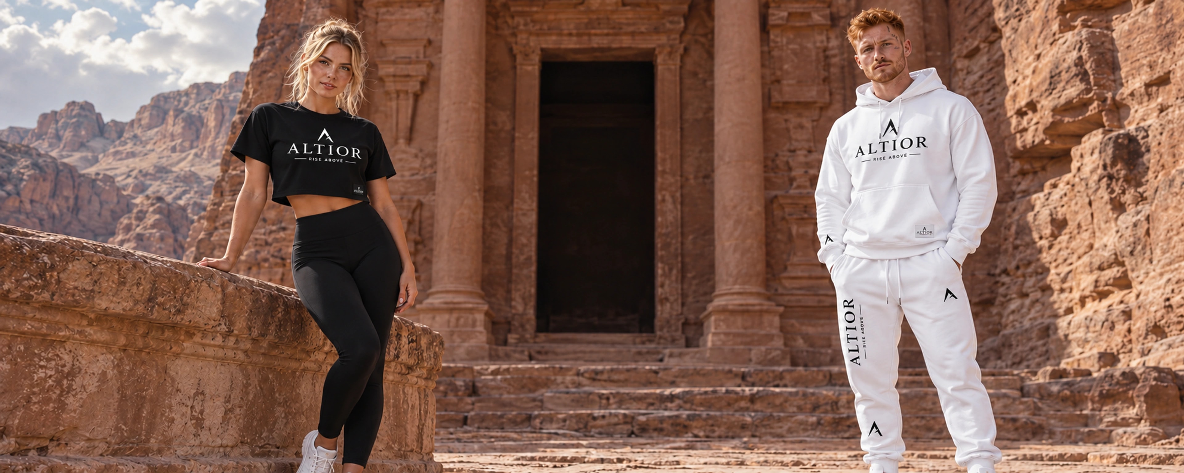 ALTIOR campaign: black cropped tee and white matching tracksuit at sandstone mountain gates