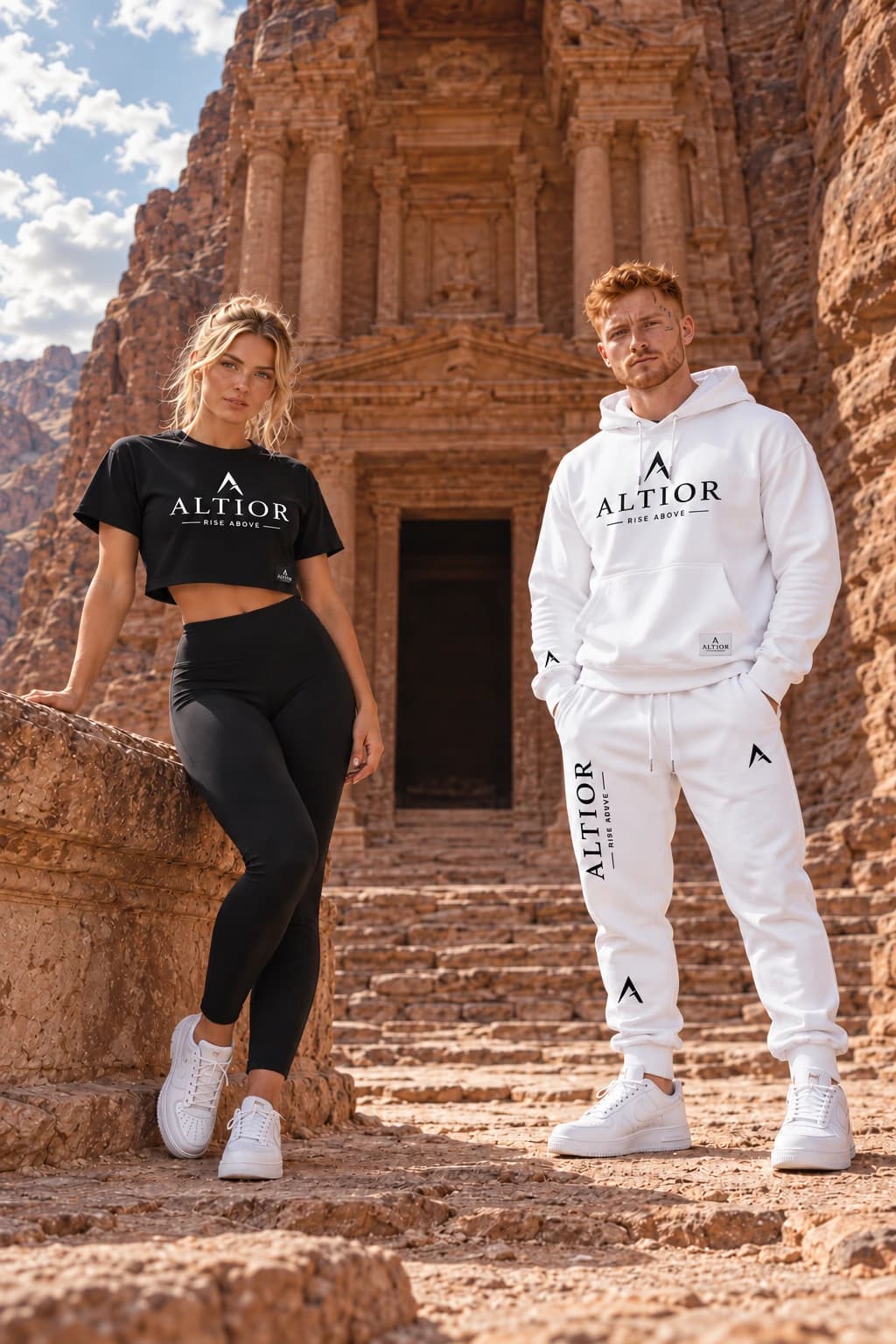Generated ALTIOR campaign: a blonde woman in a black cropped tee with white detailing and plain leggings, and a ginger-haired man in a white tracksuit, at a sandstone mountain gateway.