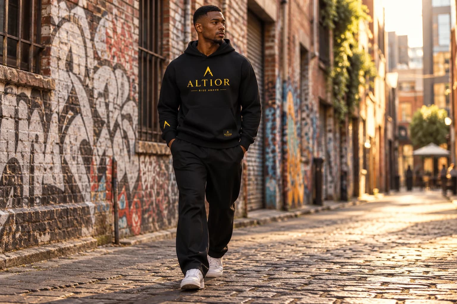 Generated ALTIOR editorial: adult man wearing obsidian gold summit hoodie in a Fitzroy brick laneway-inspired setting.