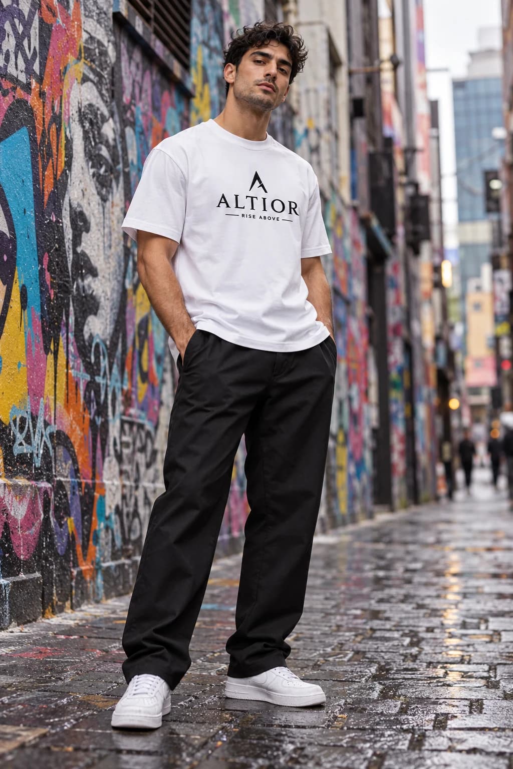Generated ALTIOR editorial: adult man wearing ghost white ascend tee in a Hosier Lane-inspired setting.