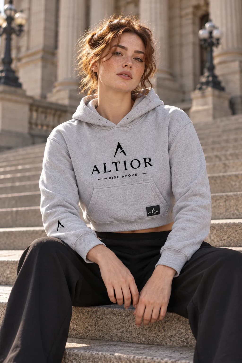 Generated ALTIOR editorial: adult woman wearing carbon ash elevate crop hoodie in a Parliament steps-inspired setting.