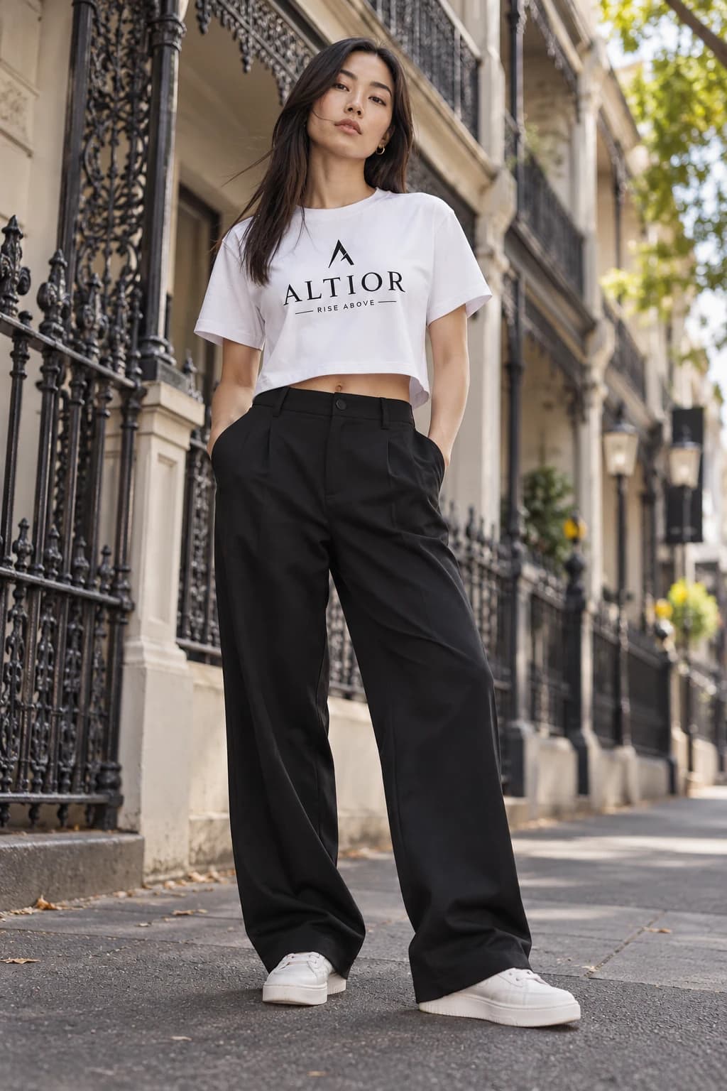 Generated ALTIOR editorial: adult woman wearing ghost white elevate crop tee in a Carlton streets-inspired setting.