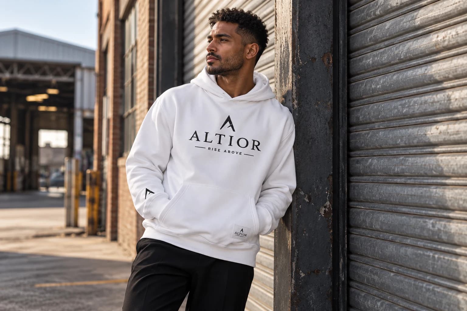Generated ALTIOR editorial: adult man wearing ghost white summit hoodie in a Collingwood warehouse-inspired setting.