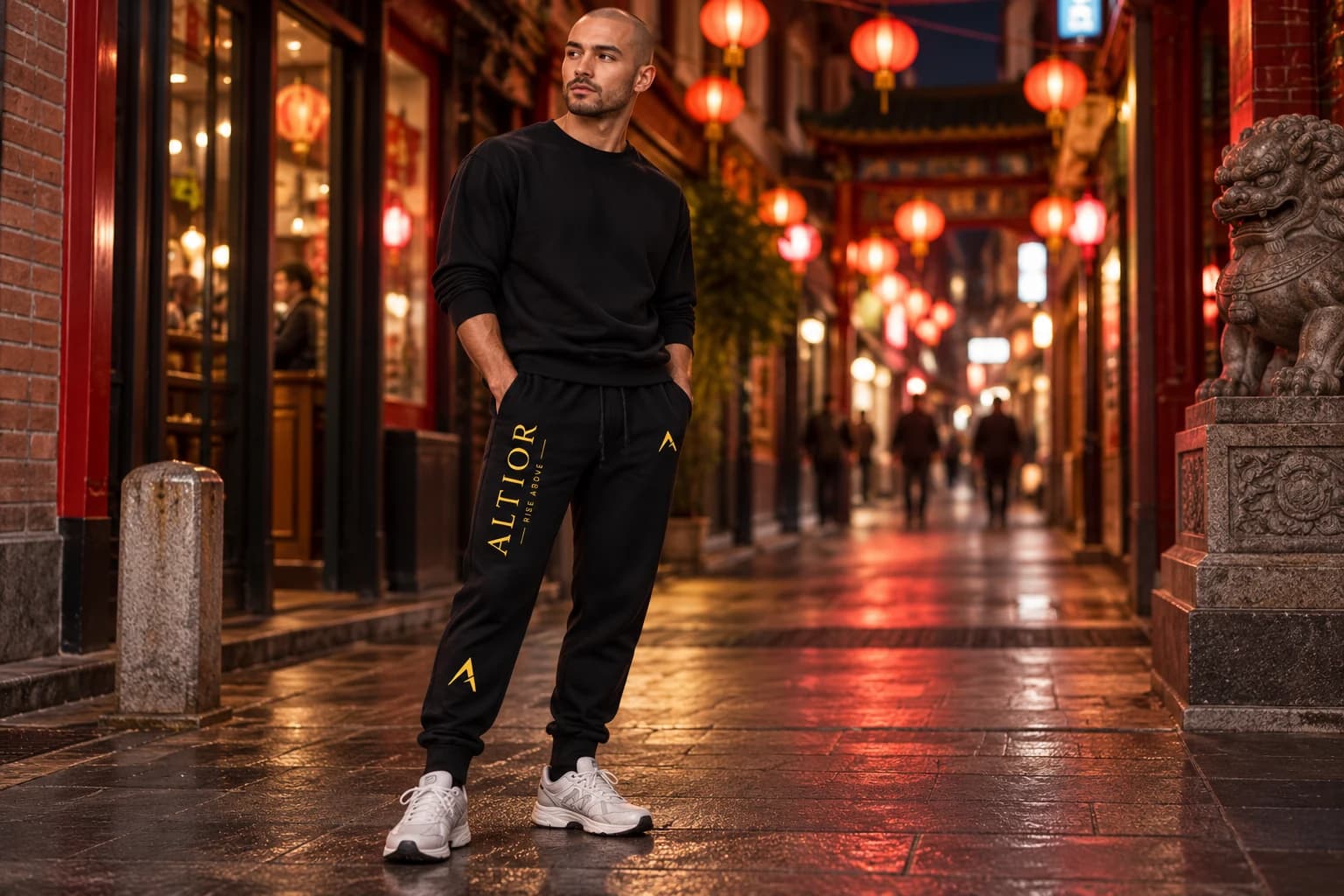 Generated ALTIOR editorial: adult man wearing obsidian gold jogger in a Melbourne Chinatown-inspired setting.