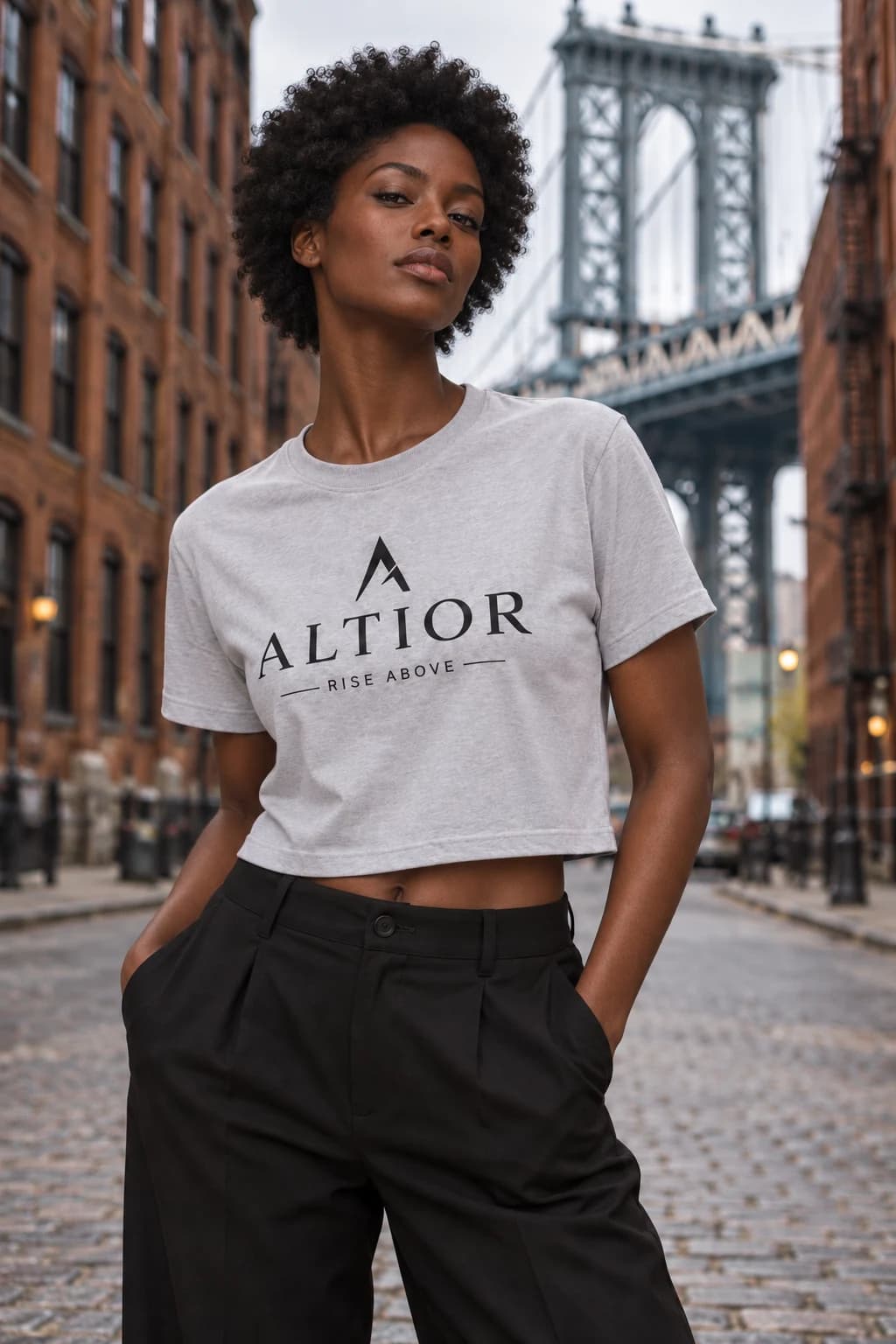 Generated ALTIOR editorial: adult woman wearing carbon ash elevate crop tee in a DUMBO-inspired setting.