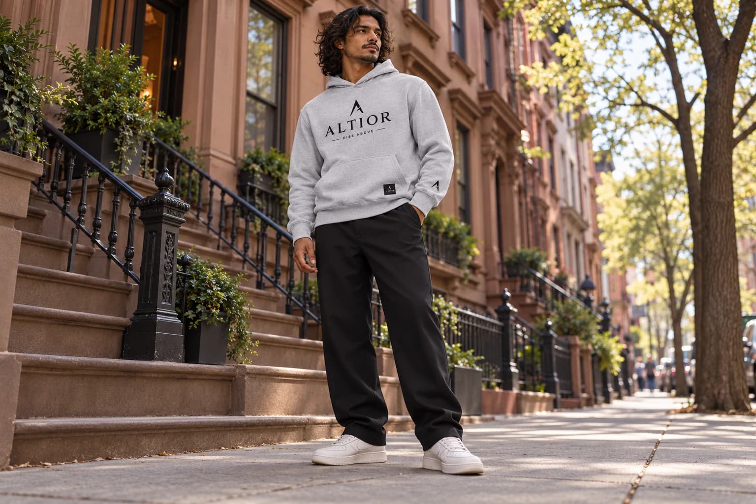 Generated ALTIOR editorial: adult man wearing carbon ash summit hoodie in a Brooklyn brownstones-inspired setting.