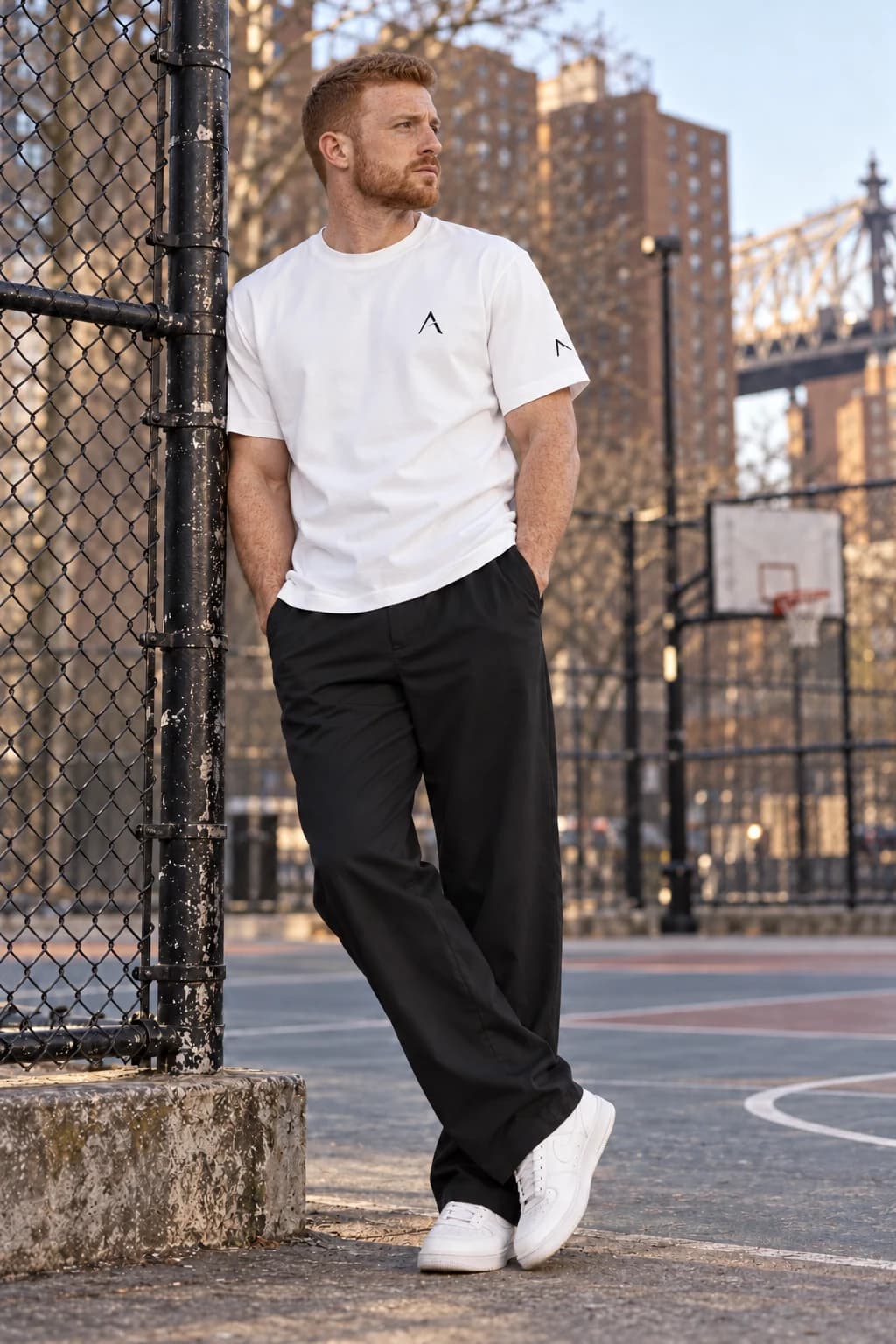 Generated ALTIOR editorial: adult man wearing ghost white core tee in a Queens courts-inspired setting.