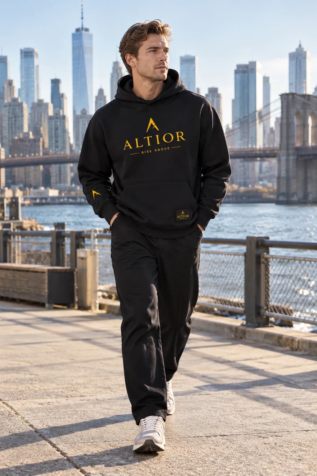 Generated ALTIOR editorial: adult man wearing obsidian gold summit hoodie in a Brooklyn waterfront-inspired setting.