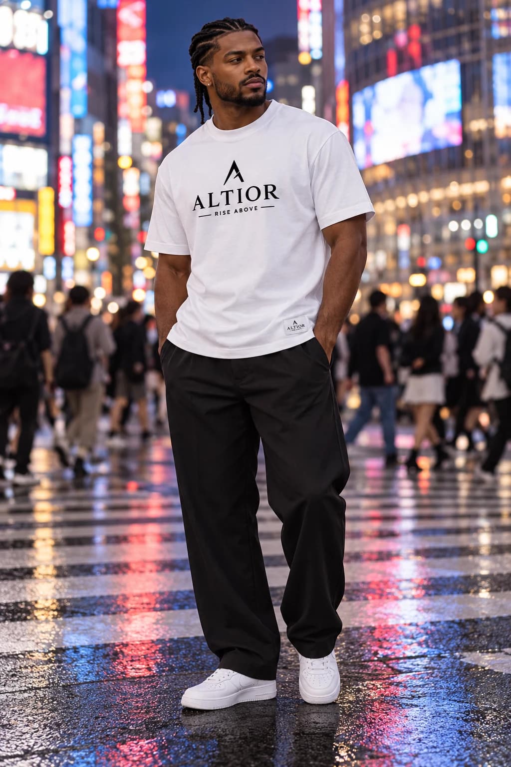 Generated ALTIOR editorial: adult man wearing ghost white ascend tee in a Shibuya crossing-inspired setting.