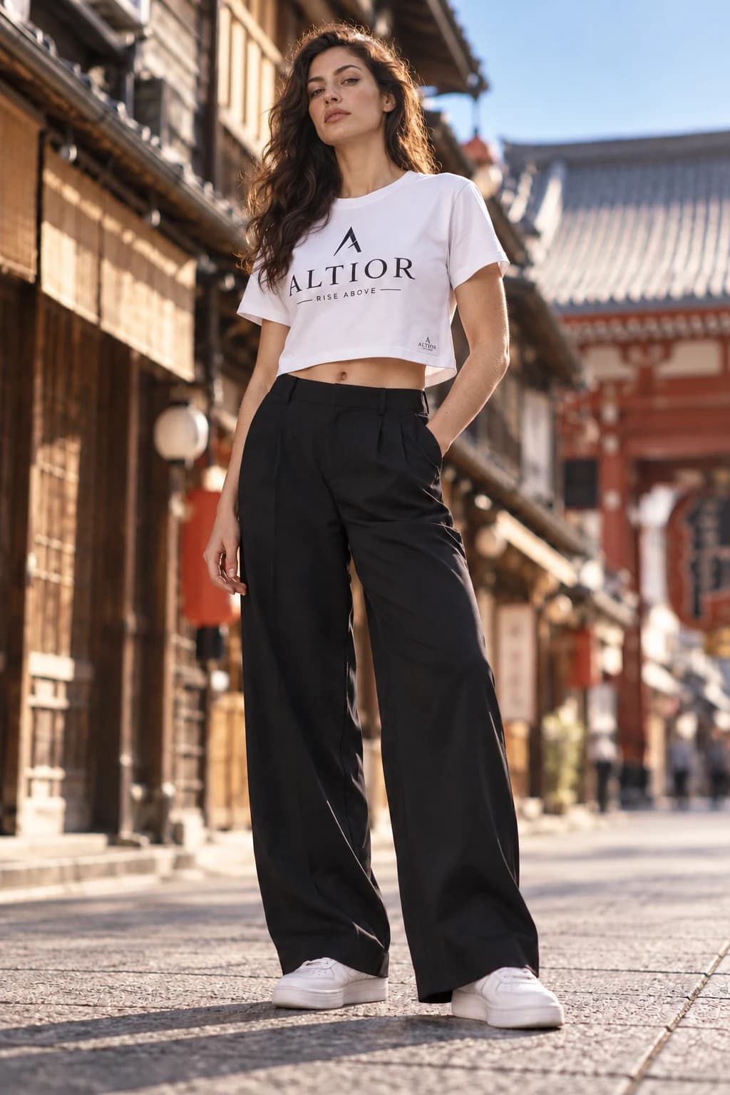Generated ALTIOR editorial: adult woman wearing ghost white elevate crop tee in a Asakusa streets-inspired setting.