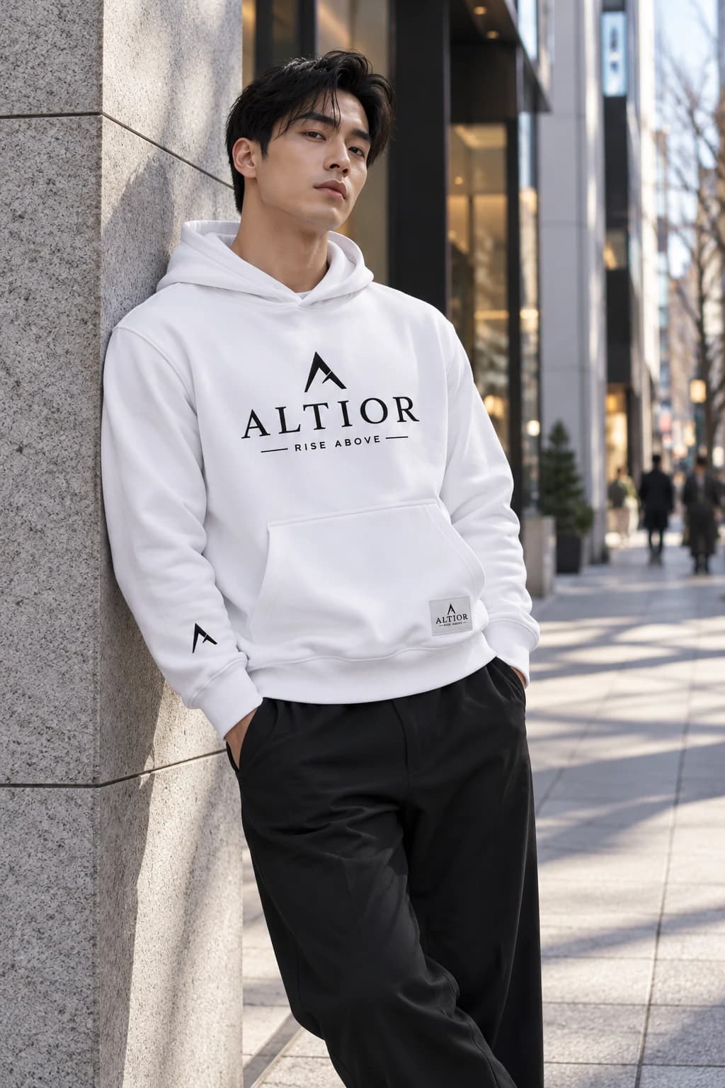 Generated ALTIOR editorial: adult man wearing ghost white summit hoodie in a Ginza-inspired setting.