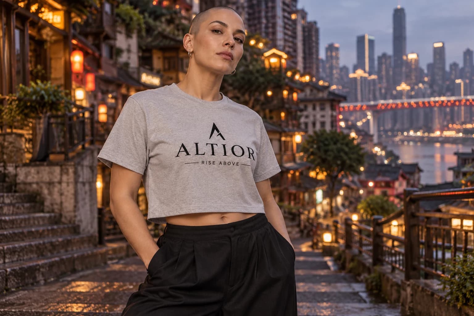 Generated ALTIOR editorial: adult woman wearing carbon ash elevate crop tee in a Chongqing steps-inspired setting.