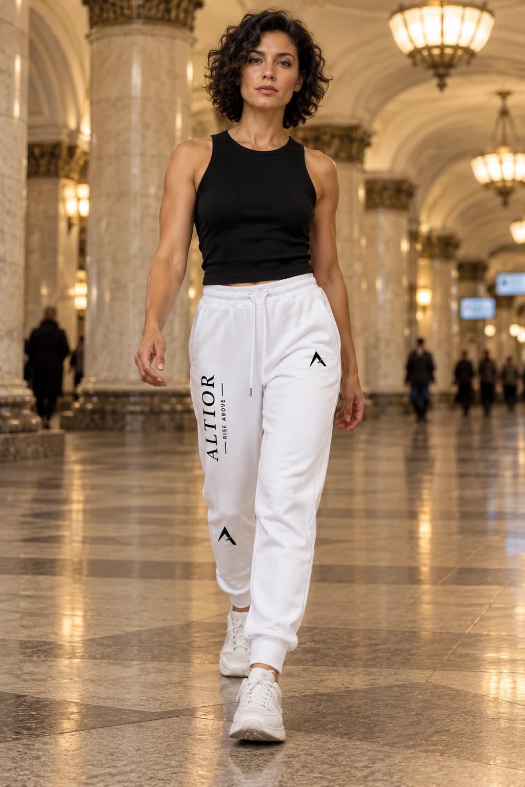 Generated ALTIOR editorial: adult woman wearing ghost white jogger in a Moscow metro-inspired hall-inspired setting.