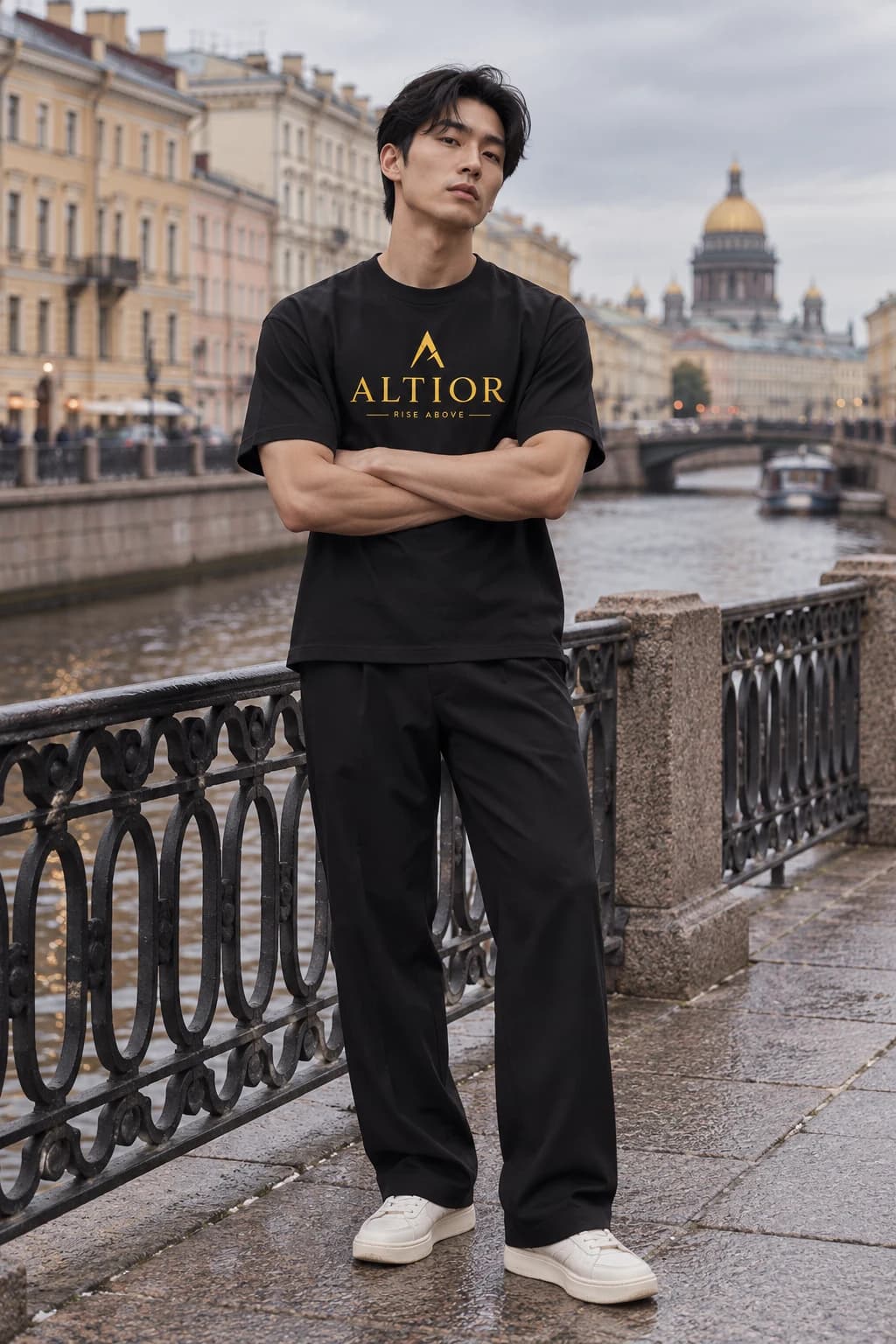 Generated ALTIOR editorial: adult man wearing obsidian gold ascend tee in a Saint Petersburg canal-inspired setting.
