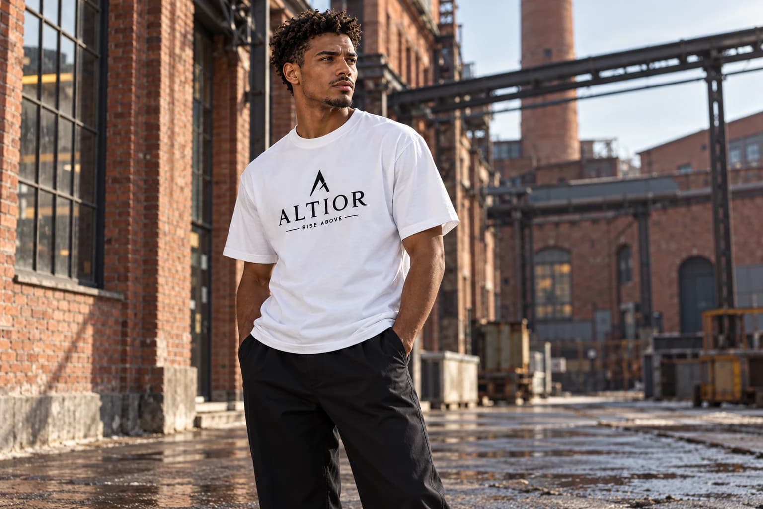 Generated ALTIOR editorial: adult man wearing ghost white ascend tee in a Moscow industrial district-inspired setting.
