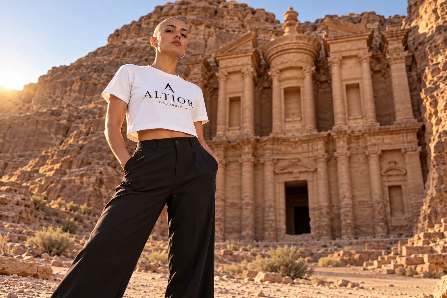 Generated ALTIOR editorial: adult woman wearing ghost white elevate crop tee in a Petra Monastery-inspired setting.