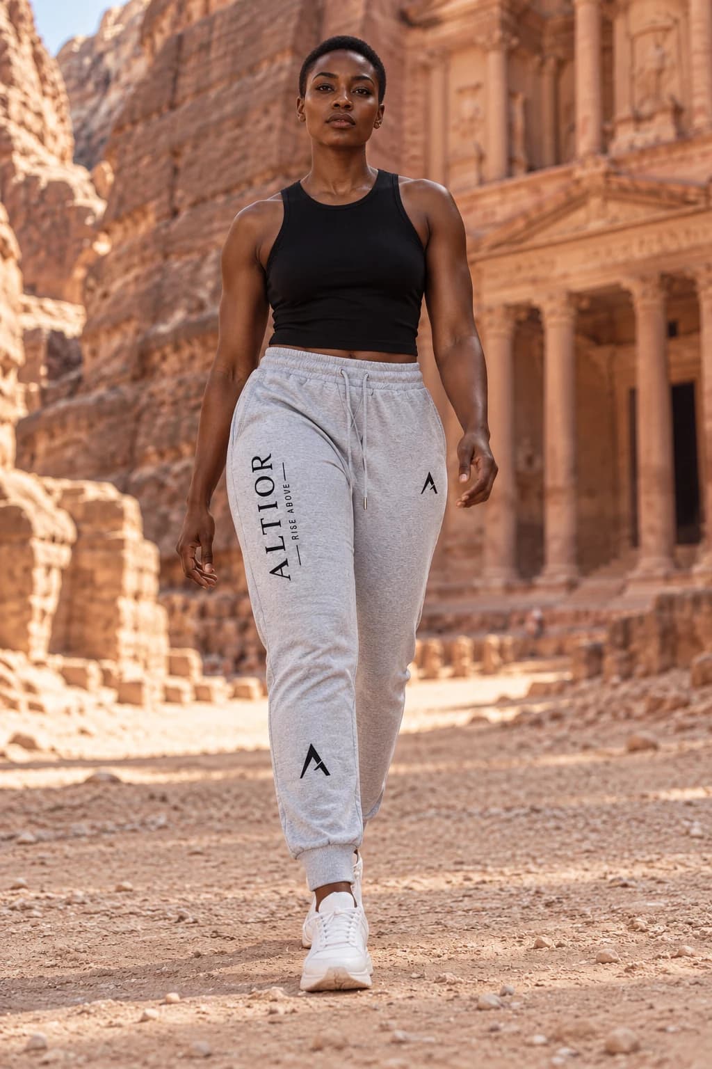 Generated ALTIOR editorial: adult woman wearing carbon ash jogger in a Petra rock façades-inspired setting.