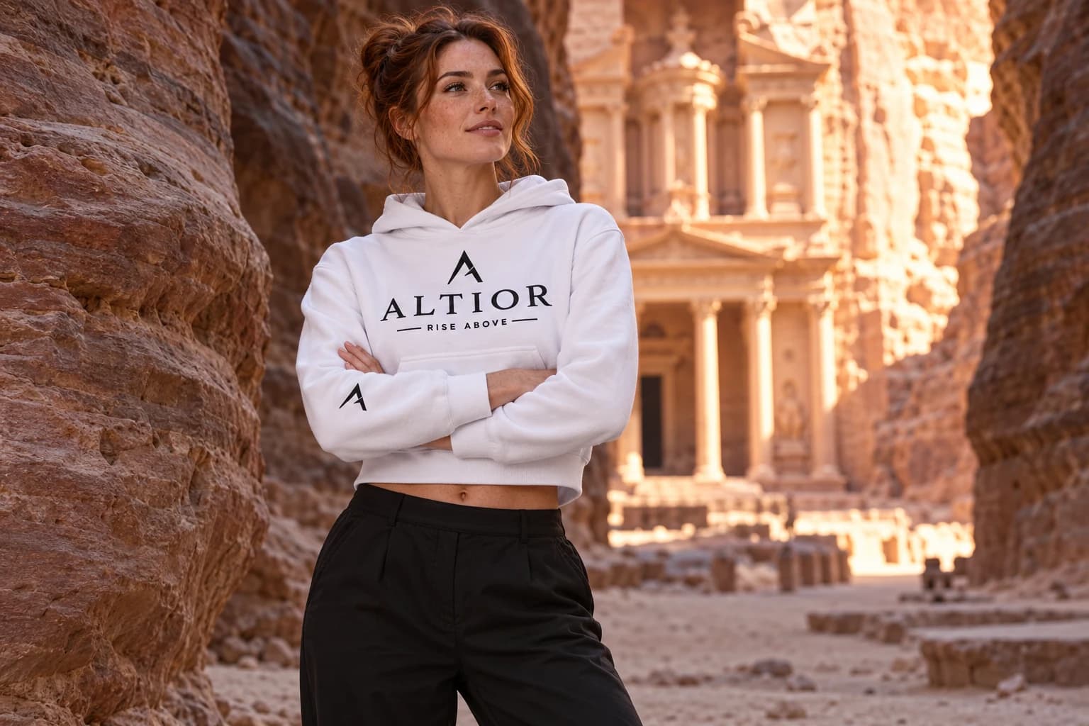 Generated ALTIOR editorial: adult woman wearing ghost white elevate crop hoodie in a Petra canyon light-inspired setting.