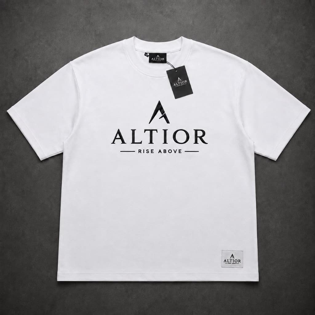 ALTIOR Signature Heavyweight Tee — ASCEND Apex Set (White with black detailing)