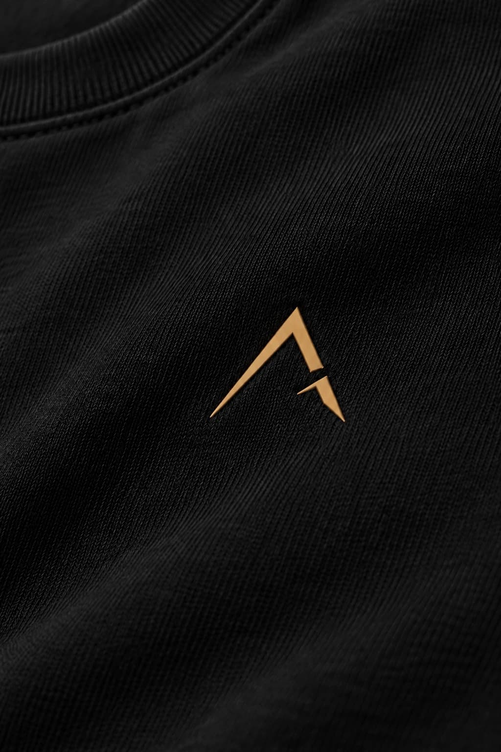 Core tee — Black with gold detailing, AI-generated flat transfer and fabric close-up study