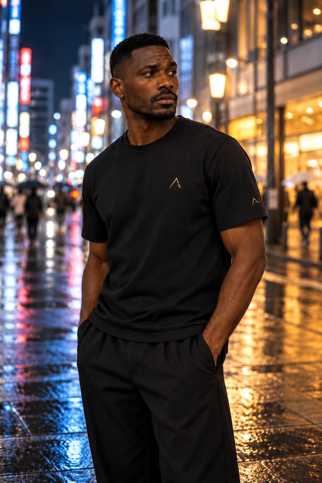 Generated ALTIOR editorial: adult man wearing obsidian gold core tee in a Shinjuku-inspired setting.