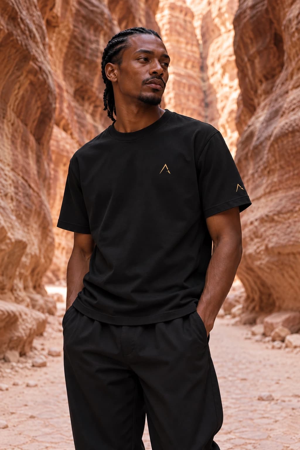 Generated ALTIOR editorial: adult man wearing obsidian gold core tee in a Petra Siq-inspired setting.