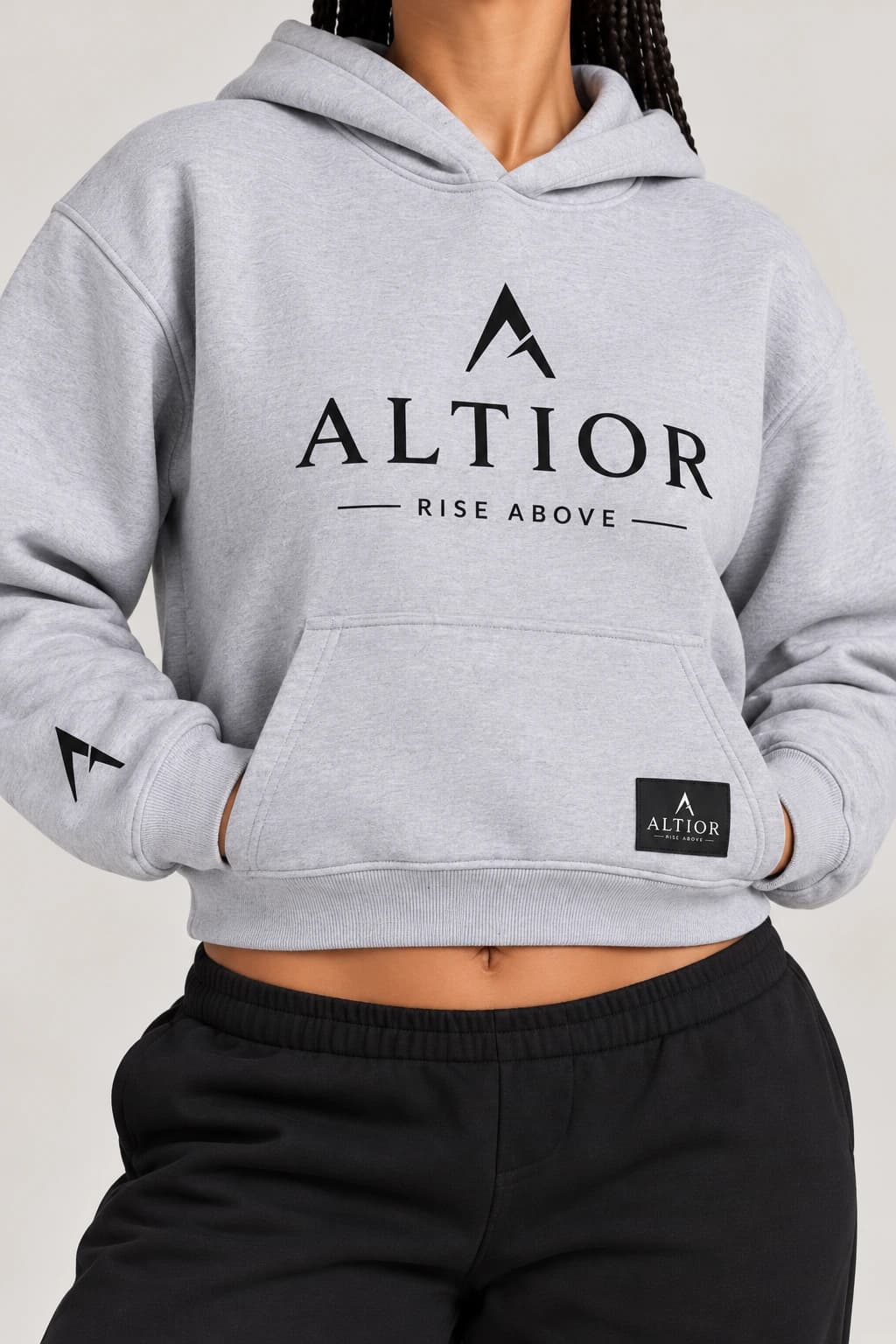 Cropped hoodie — Grey with black detailing, AI-generated garment detail study
