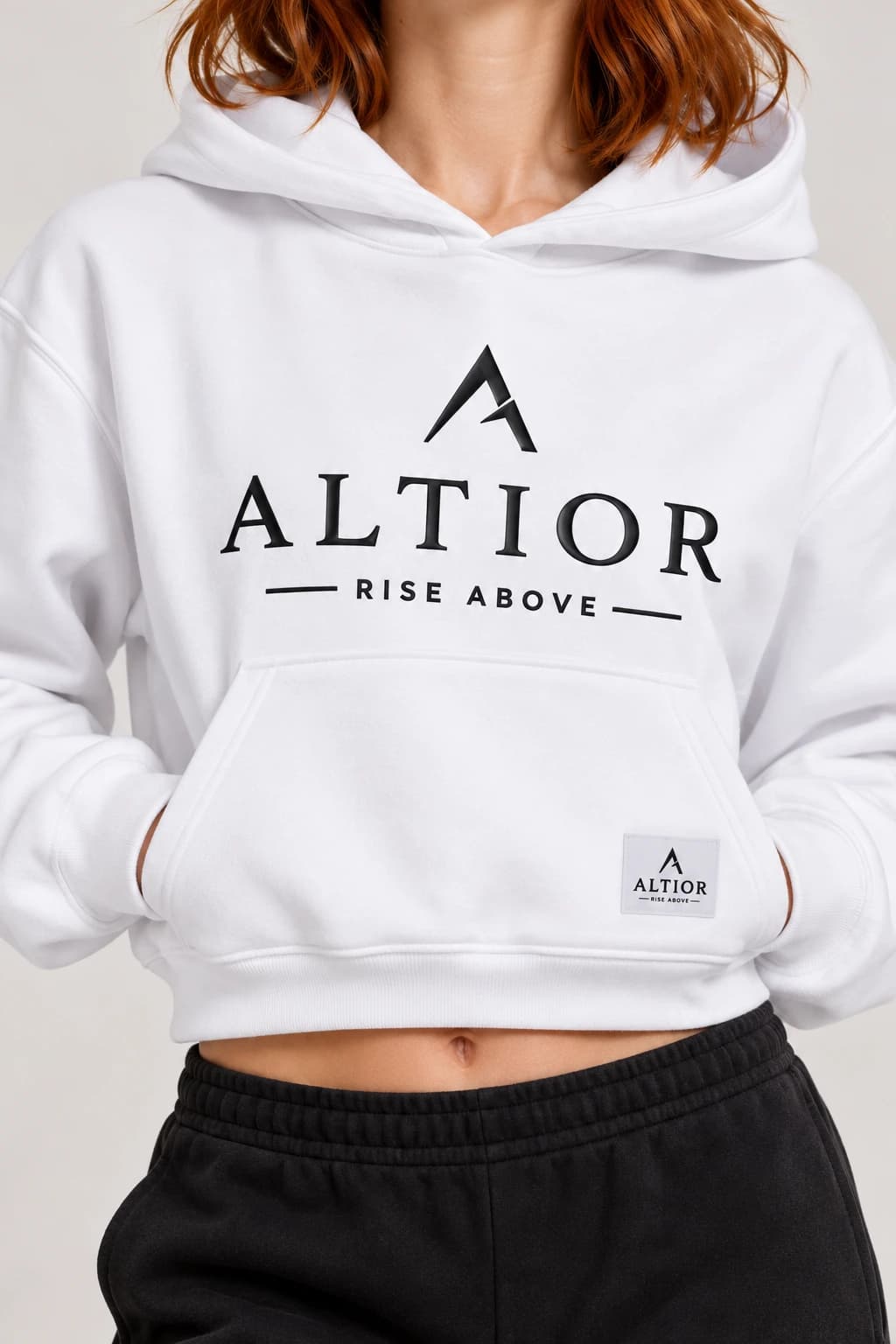Cropped hoodie — White with black detailing, AI-generated garment detail study