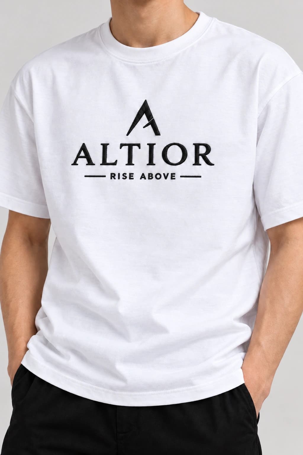 Signature tee — White with black detailing, AI-generated garment detail study