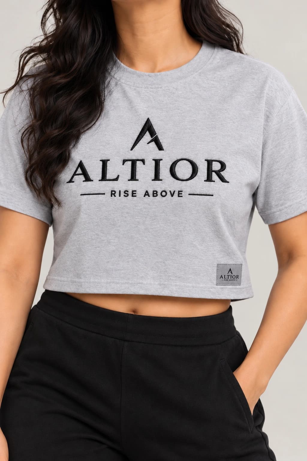 Cropped tee — Grey with black detailing, AI-generated garment detail study