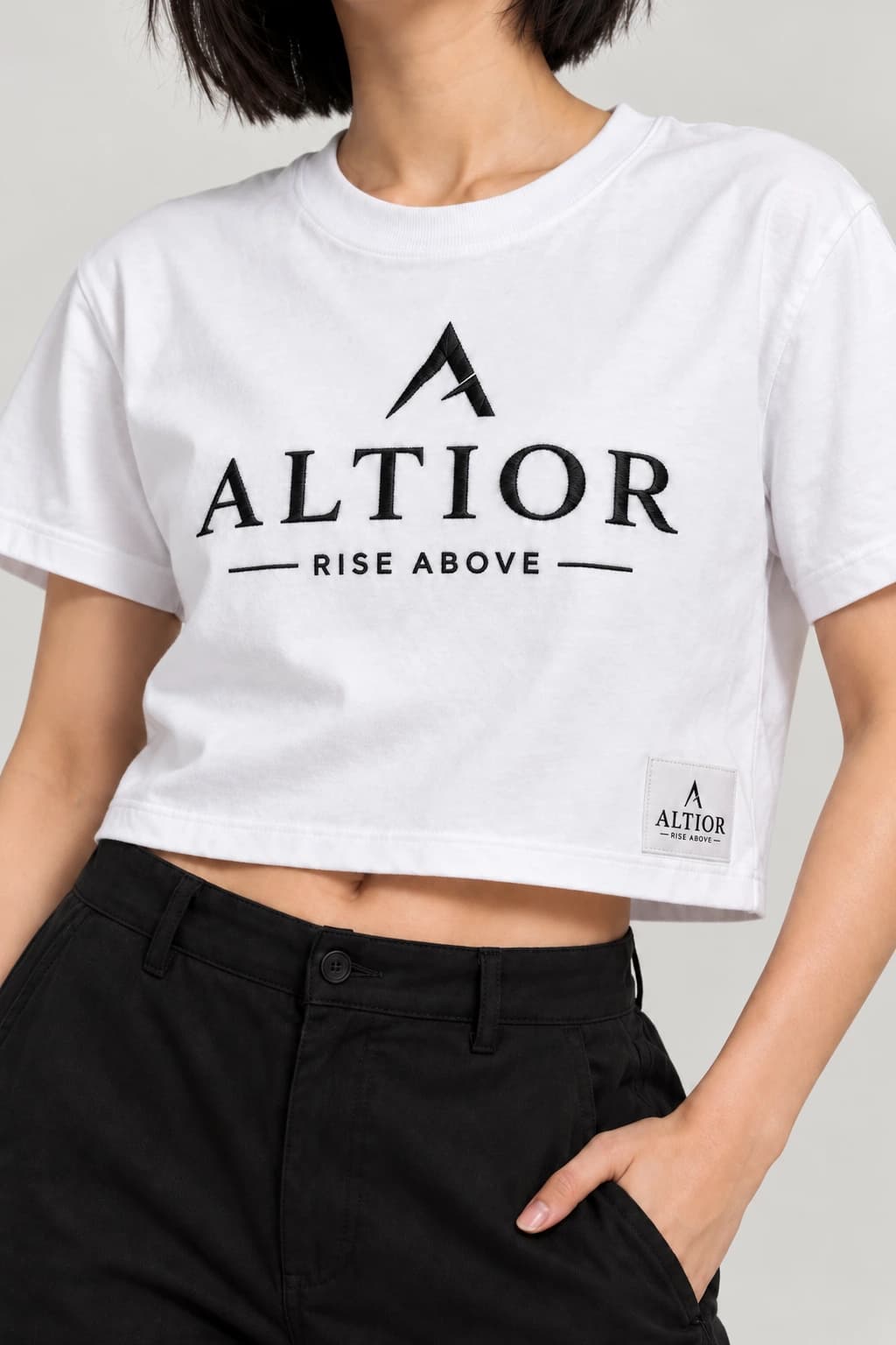 Cropped tee — White with black detailing, AI-generated garment detail study