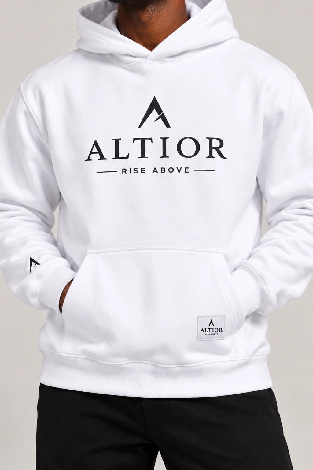 500 GSM hoodie — White with black detailing, AI-generated garment detail study