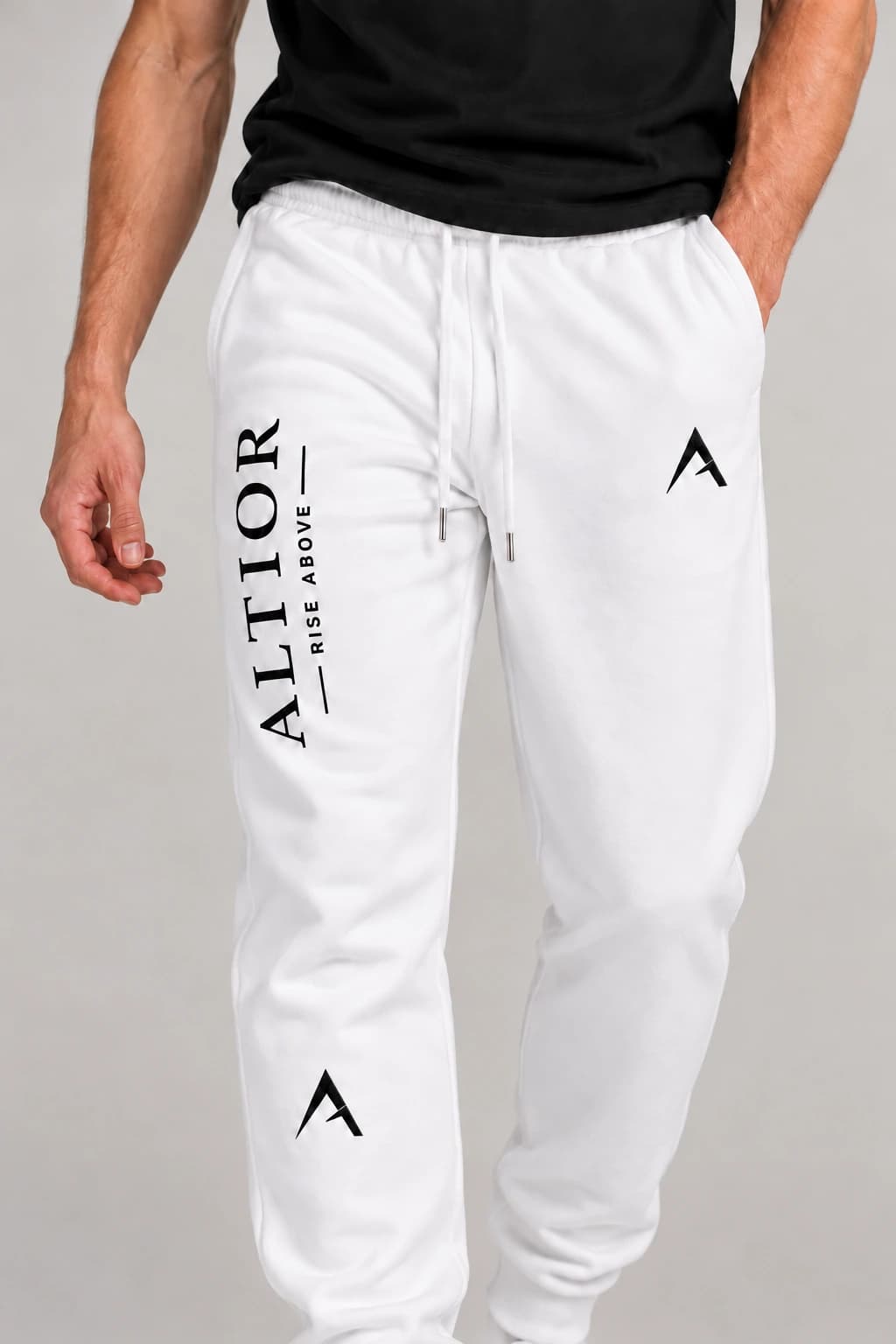 Track pants — White with black detailing, AI-generated track pants detail study