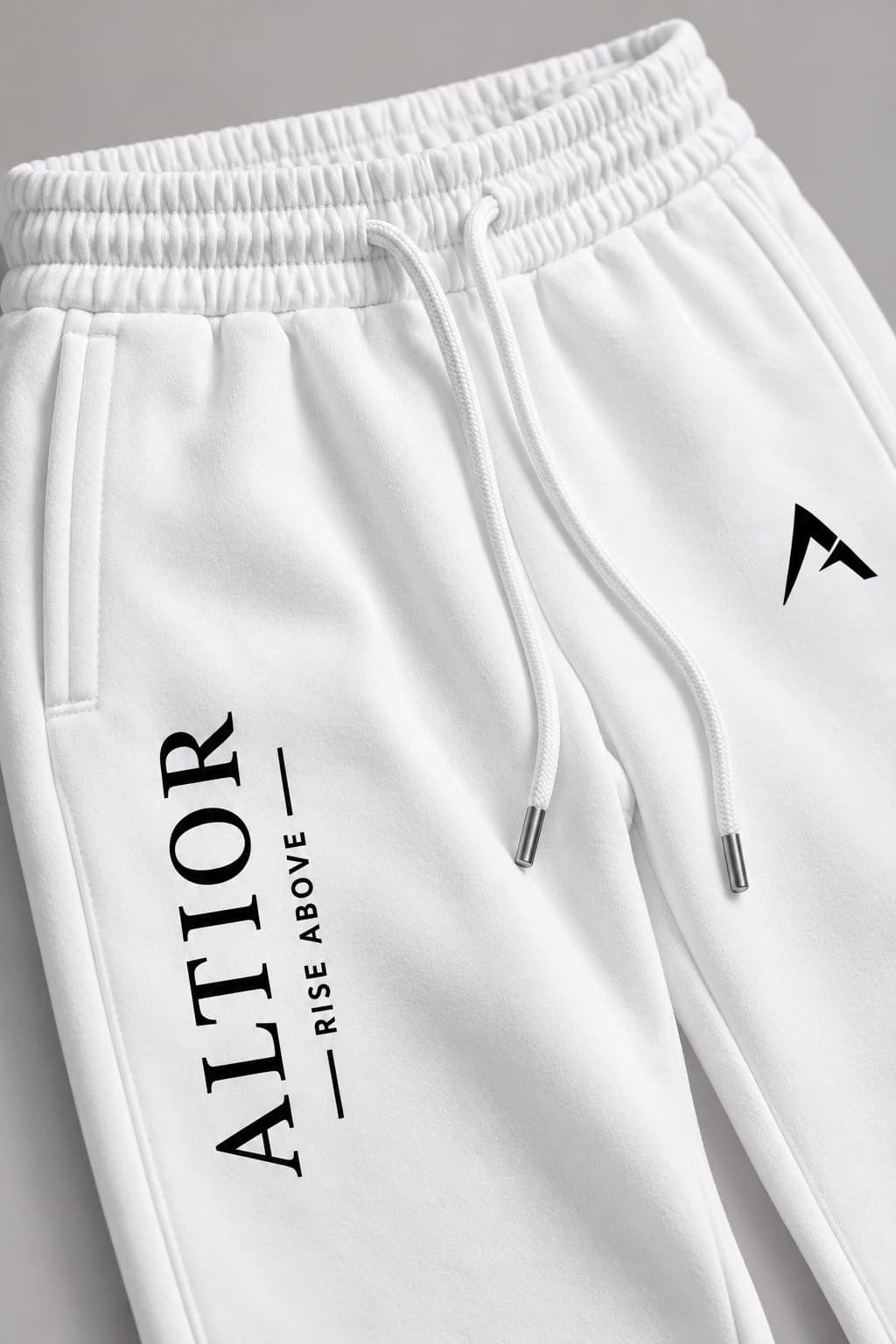Track pants — White with black detailing, AI-generated fabric and seam close-up study