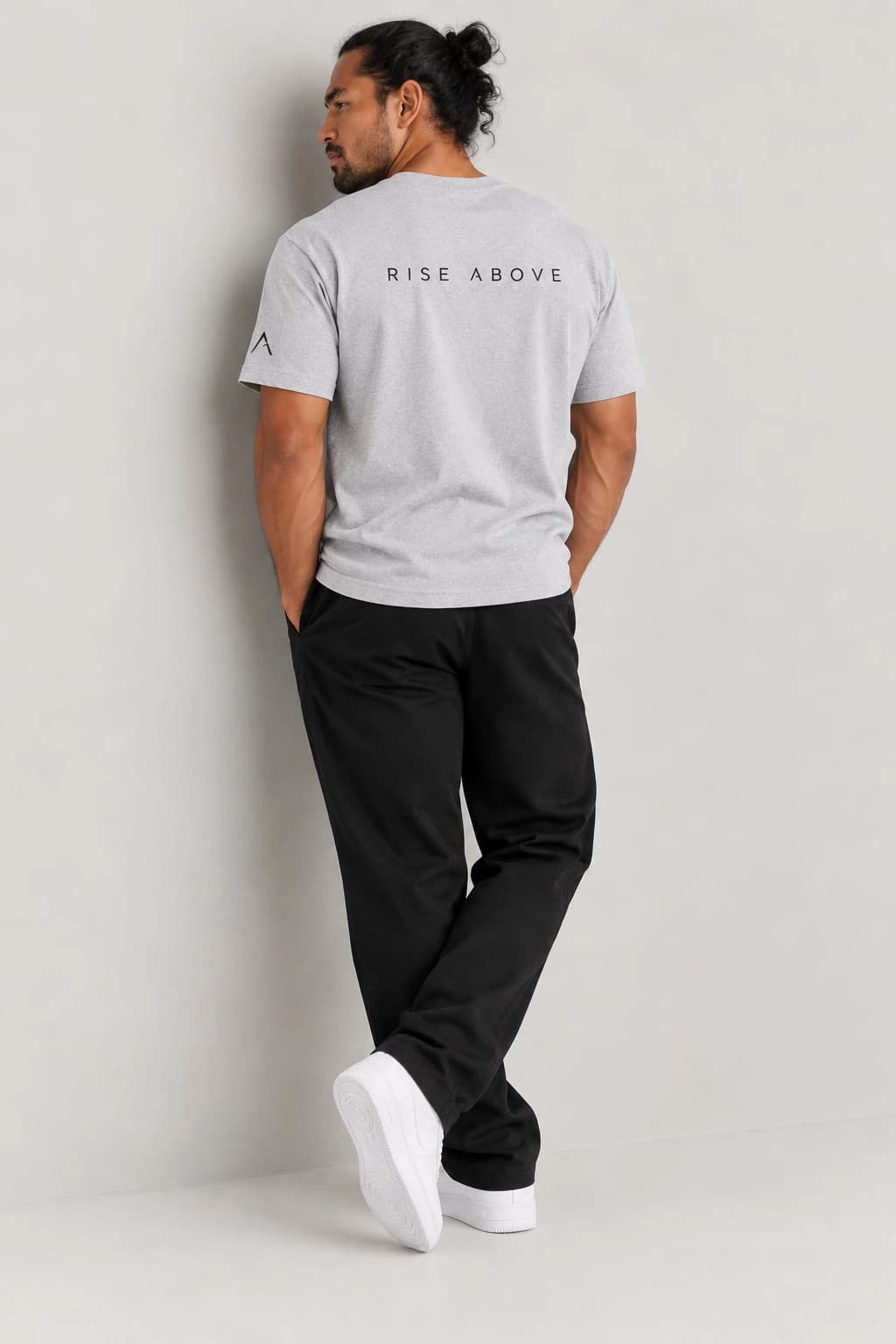 Core tee — Grey with black detailing, back view on model