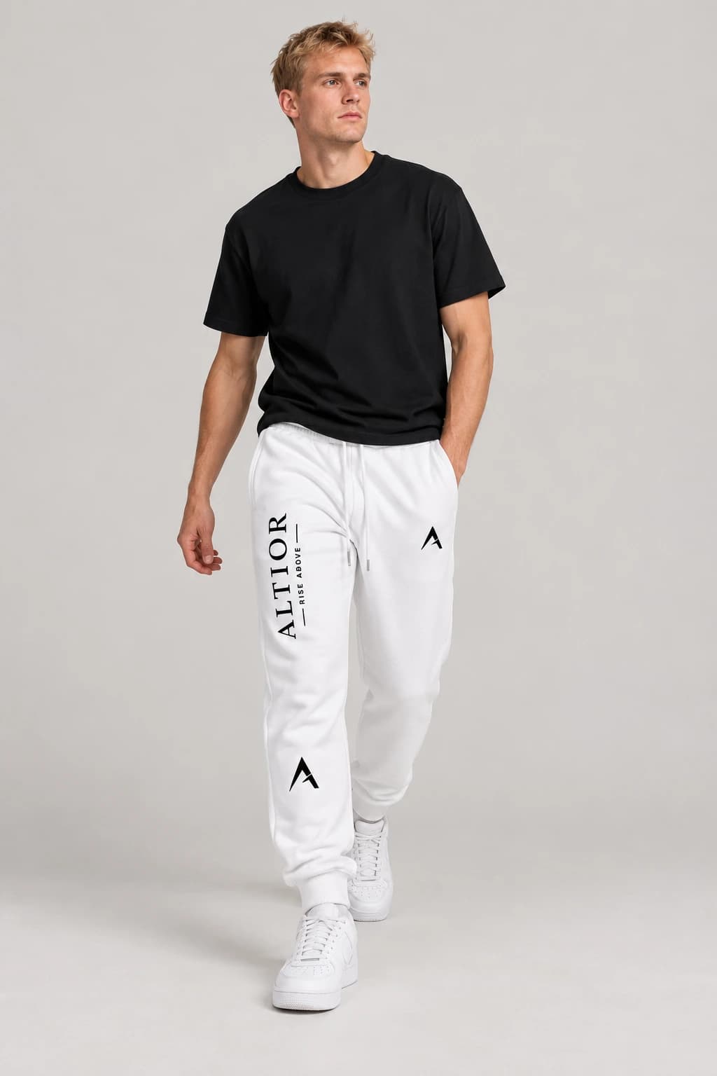 Men's tracksuit set — White with black detailing, track pants on male model
