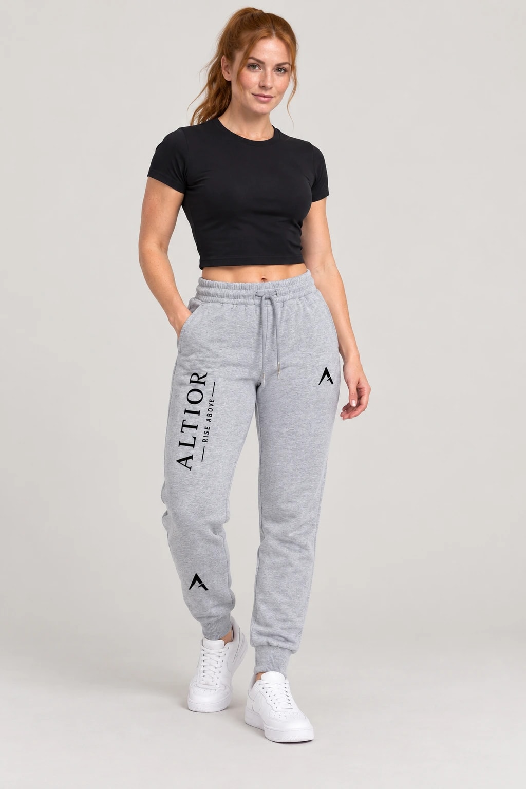 Track pants — Grey with black detailing, track pants on female model