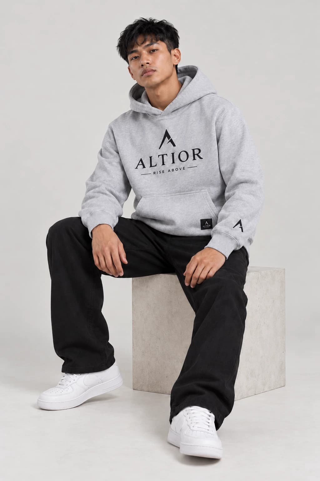 Men's tracksuit set — Grey with black detailing, hoodie on male model