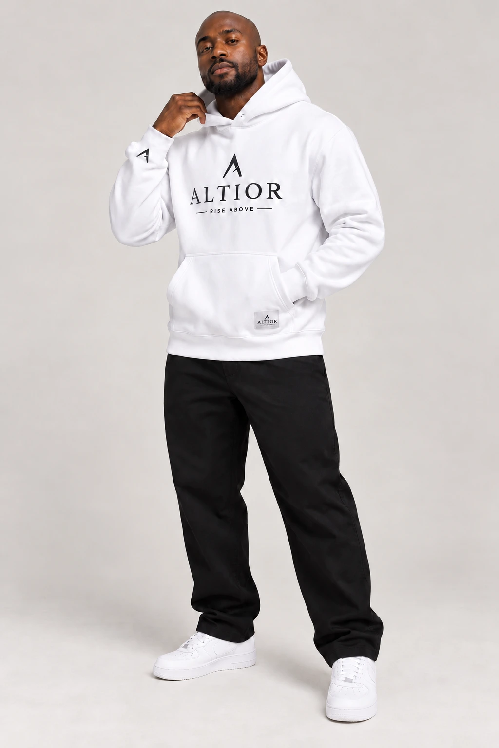 500 GSM hoodie — White with black detailing, front view on male model