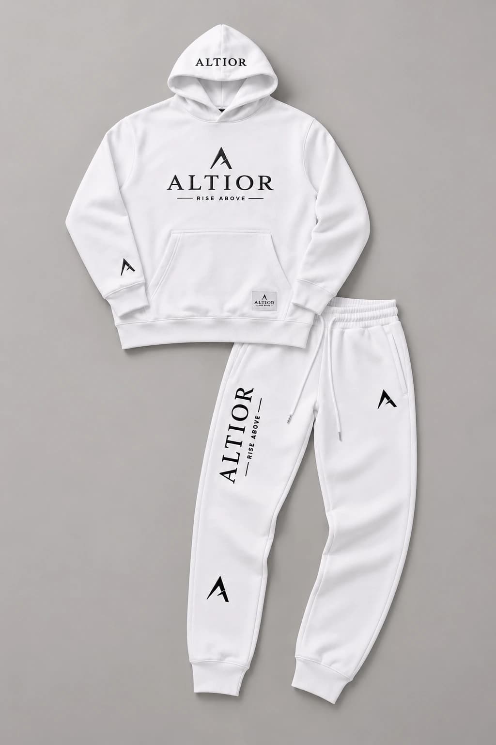 Men's tracksuit set — White with black detailing, coordinated hoodie and track pants flatlay