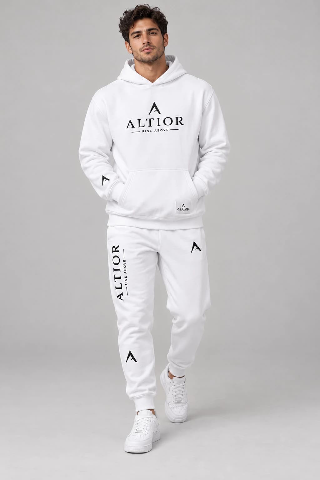 Men's tracksuit set — White with black detailing, complete outfit on male model