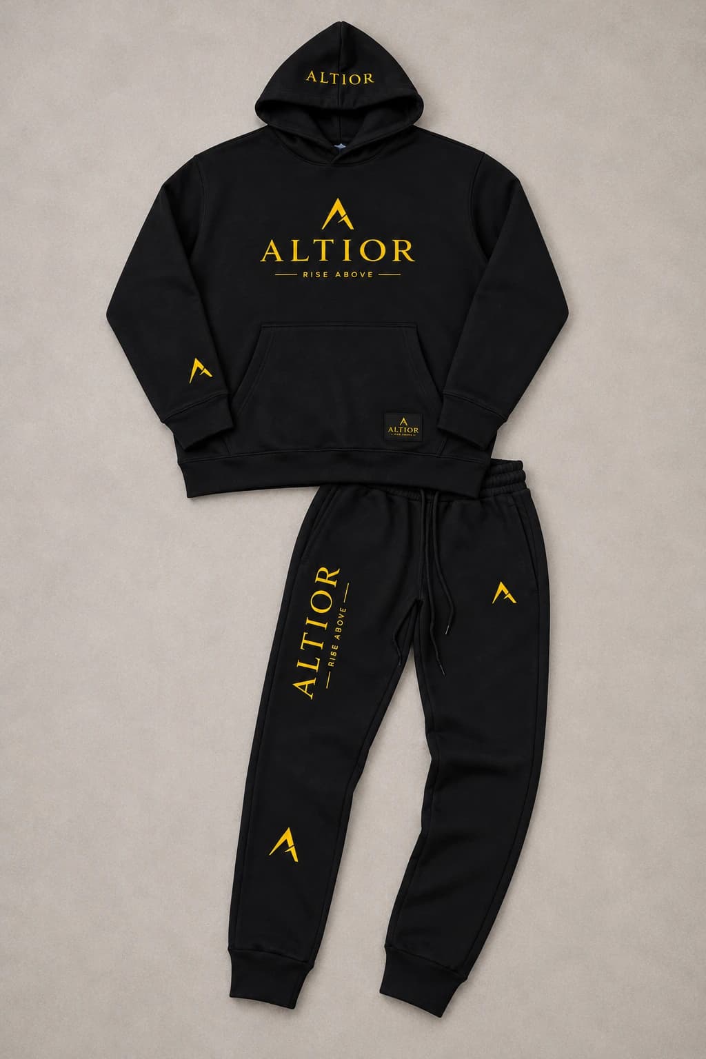 Men's tracksuit set — Black with gold detailing, coordinated hoodie and track pants flatlay