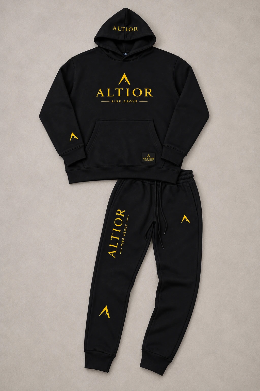 Men's tracksuit set, Black with gold detailing, coordinated outfit flatlay