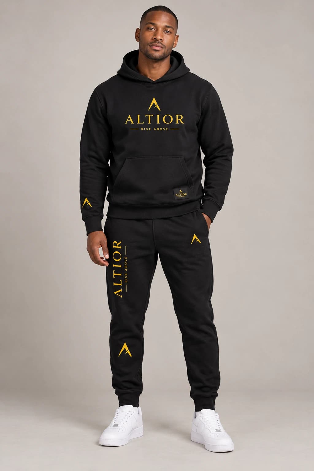 Men's tracksuit set — Black with gold detailing, complete outfit on male model