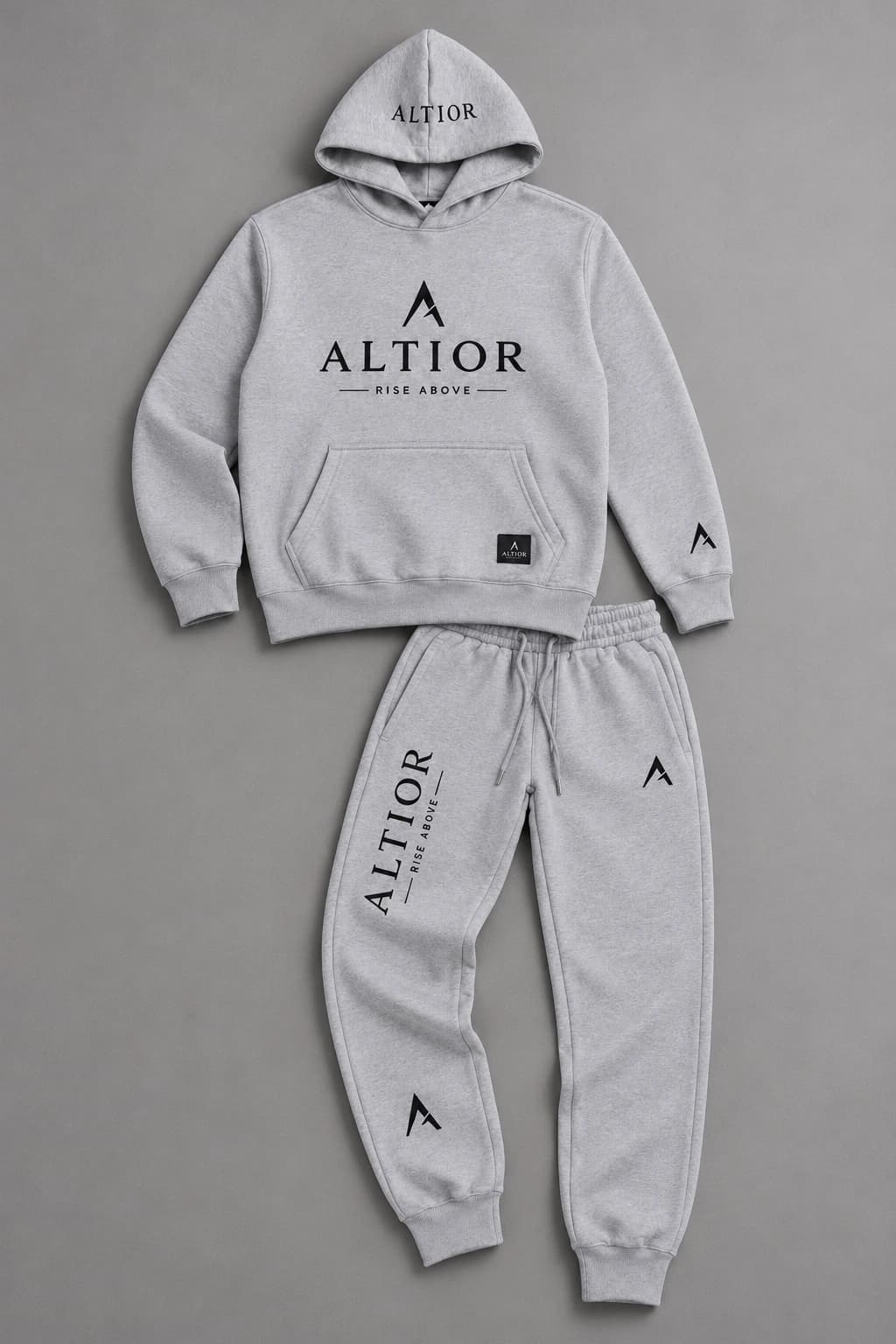 Men's tracksuit set — Grey with black detailing, coordinated hoodie and track pants flatlay