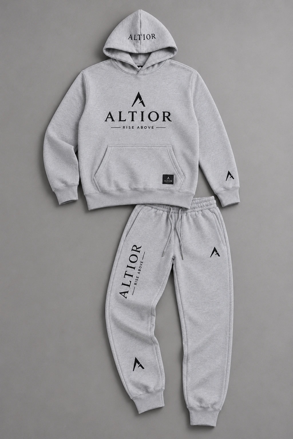 Men's tracksuit set, Grey with black detailing, coordinated outfit flatlay