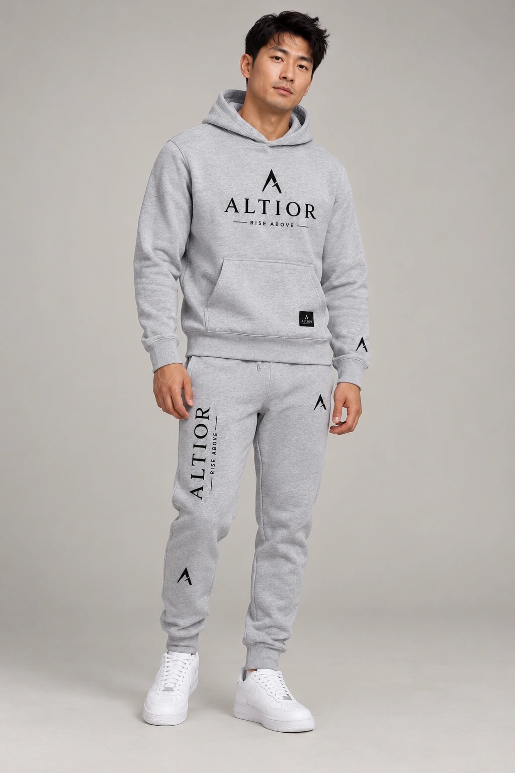 Men's tracksuit set — Grey with black detailing, complete outfit on male model