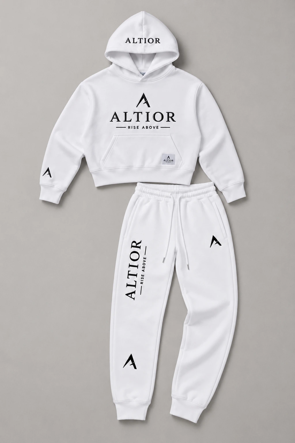 Women's tracksuit set, White with black detailing, coordinated outfit flatlay
