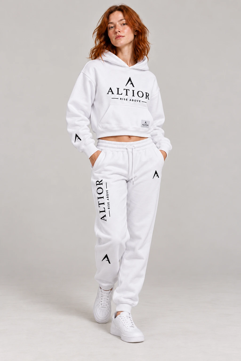 Women's tracksuit set — White with black detailing, complete outfit on female model